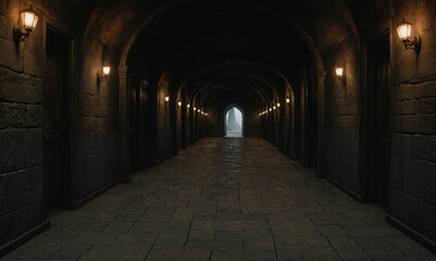 Fototapeta premium A long, dark hallway with stone walls and arched ceilings is lit by lanterns