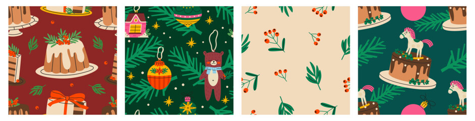 Colorful Christmas seamless pattern set
