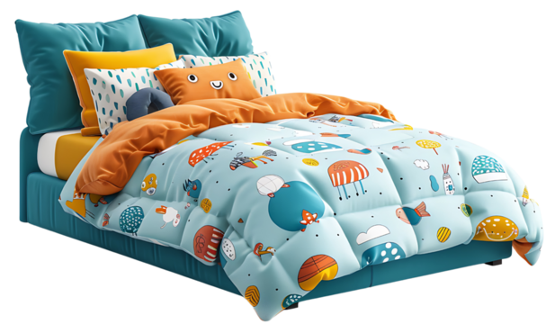 Colorful and Playful Bedding Set Featuring Jellyfish and Fun Designs for a Bright Children's Bedroom Décor with Soft Cushions and Vibrant Colors, isolated transparent background