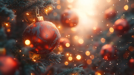 Snow-Dusted Bauble on Christmas Tree Amidst Warm Lights