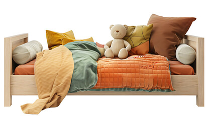 Cozy Bed Scene with Colorful Cushions, Plush Bear Toy, and Soft Blankets Perfect for Home Décor, Kids Room, or Lifestyle Photography, isolated transparent background