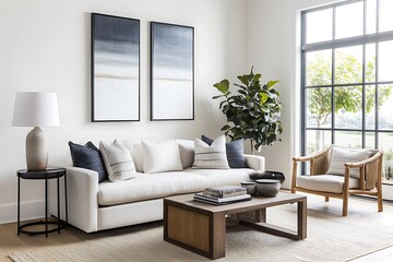 Modern Living Room with White Sofa, Wooden Coffee Table, and Large Window