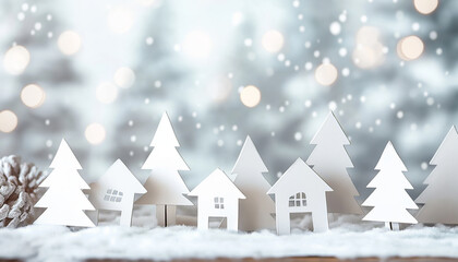 Fototapeta premium Minimalist winter village scene with paper cut houses and trees in snowy landscape with soft bokeh lights