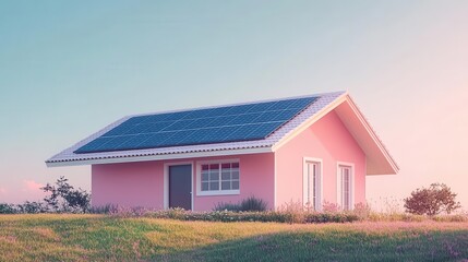 Obraz premium A quaint pink house sits on a grassy hill, bathed in soft light, showcasing a serene and picturesque rural setting.
