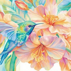 Fototapeta premium Vibrant Hummingbird and Tropical Flowers Painting for Spring Decor and Greeting Cards