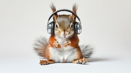 Fototapeta premium Baby Squirrel Wearing Headphones in Close-Up View