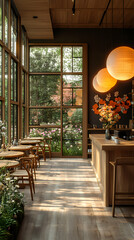 Fototapeta premium Tanzanian coffee meets Japanese tea cafe, restful. An oasis of calm, a flower garden, and a modern, clean environment