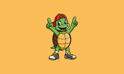 Cheerful cartoon turtle with cap and sneakers.