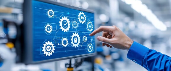 Development of renewable energy and natural resources with environment protection icons inside connected gears. Businessman hand using a touch screen.