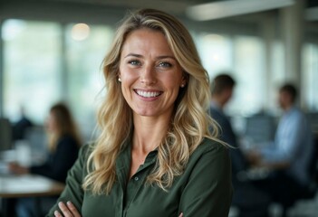 Fototapeta premium Confident businesswoman with blond hair smiling in a modern office environment, symbolizing success and professionalism