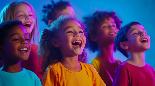 Harmony in Diversity - Group of Joyful Children Singing Together under Vibrant Lights