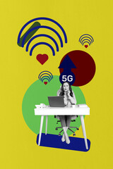 Composite trend artwork 3D sketch image photo collage of 5g internet online remote signal service office aged lady work laptop heart like