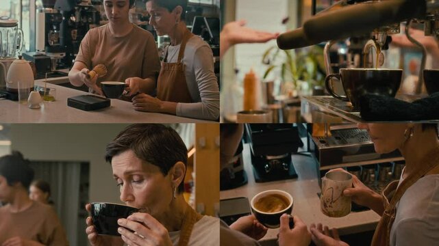 Split screen of senior Caucasian woman learning how to make coffee and matcha drinks in modern cafe, young barista teaching her