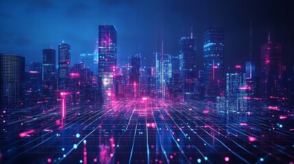 Obraz premium Anime-inspired glowing cityscape with futuristic architecture and neon lights