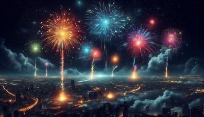new years night fireworks over city