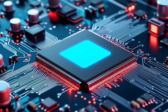 Technology background with electronic circuits and processors. Neurons are artificial, and data connections are global.