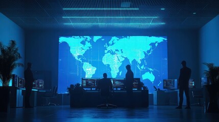 Silhouettes of people working at a computer desk in a futuristic control room with a large glowing world map on the wall.