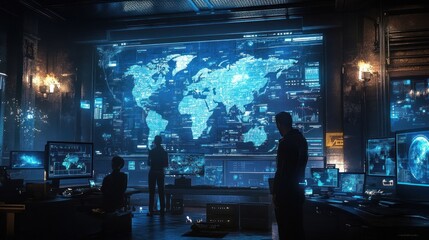 Three people stand in front of a large screen displaying a world map, monitoring data in a futuristic command center.