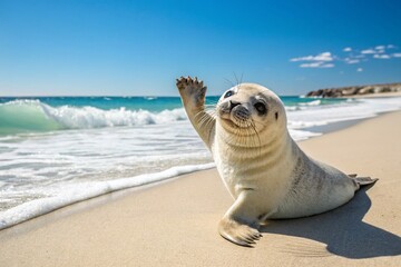 Obraz premium Waving Baby Seal on a Sunny Beach with Copy Space for Text, Perfect for Wildlife and Marine Life Themes, Ideal for Educational and Informational Purposes
