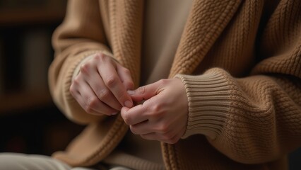 Cozy autumn fashion - close-up of hands in warm knit cardigan