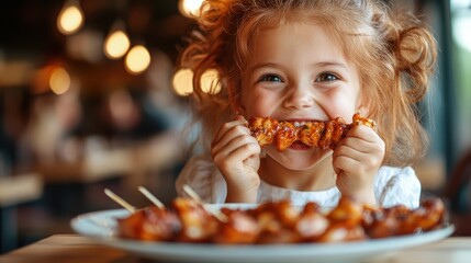 A cheerful young girl with curly hair enjoys skewered chicken bites in a lively restaurant, showcasing her delight and satisfaction with the meal.