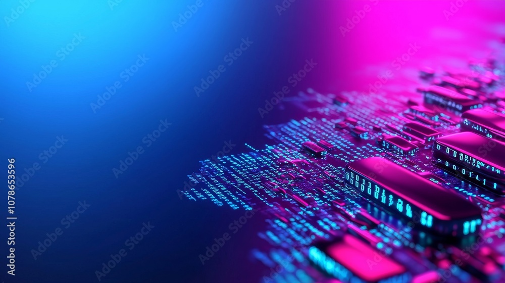 Poster with the advent of digital technology, a black background accentuated by glowing blue binary codes a