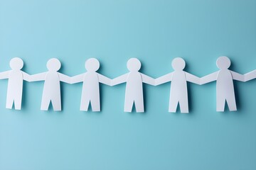 Creative concept of a paper chain representing team building and connection, showcasing teamwork and collaboration through simple cut-out figures on a pastel background.
