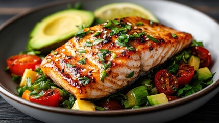 A close-up of a perfectly grilled fish fillet garnished with fresh herbs and paired with sliced avocado, cherry tomatoes, and greens, served on a stylish plate.