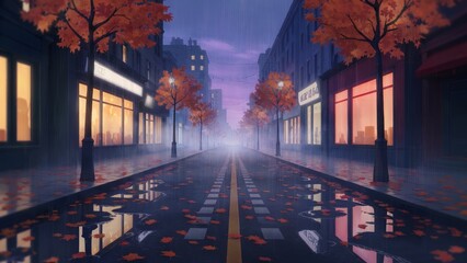 Lofi background capturing fall city scene with reflective streets and an ambiance filled with lofi vibes creating a cozy urban atmosphere. Serene cityscape concept