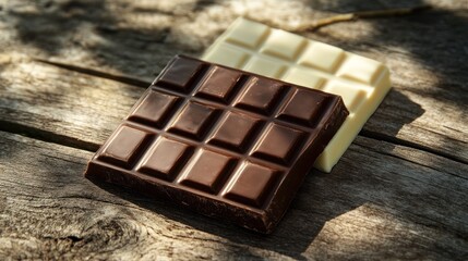 Two chocolate bars, one dark and one white, resting on a wooden surface.