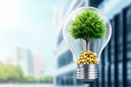 light bulbs and trees Energy saving concepts and investments in eco-business renewable energy production ESG green business and environmental investment, natural green background
