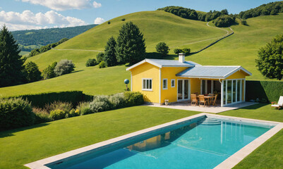 A yellow house sits on a grassy hillside overlooking a pool