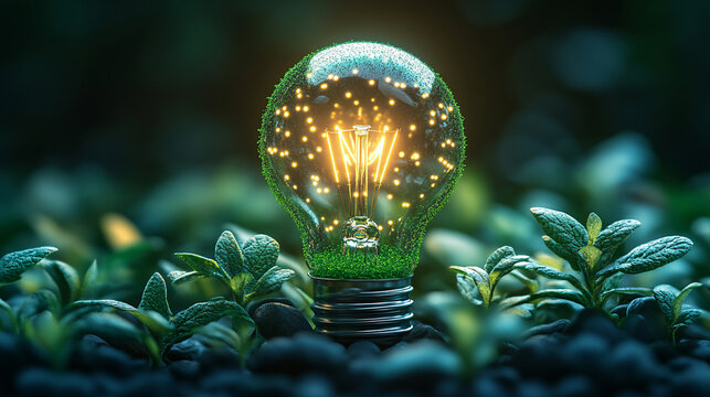 light bulbs and trees Energy saving concepts and investments in eco-business renewable energy production ESG green business and environmental investment, natural green background
 - Powered by Adobe