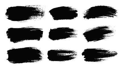 Strokes of black paint, brush, roller, spatula. Collection of brushes Smears of paint on a transparent png background for your design