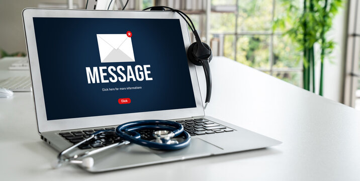 Email notification message showing on computer screen snugly. Digital marketing message information text from business to customer client