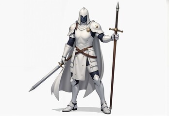Obraz premium A Heroic Knight clad in Shining White Armor, holding both a Sword and a Spear gallantly
