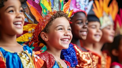 Diverse Group of Smiling Kids in Colorful Costumes Performing on Stage with Dynamic Composition