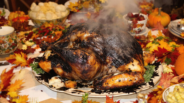 A Thanksgiving turkey is on fire and smoking, overcooked, dry and inedible.