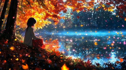 Anime girl sitting by a glowing lake surrounded by colorful autumn trees