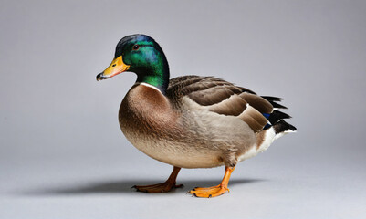 Obraz premium A mallard duck stands on a gray background with its head turned to the left