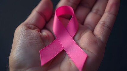 Supporting breast cancer awareness: close-up of a hand holding a pink ribbon