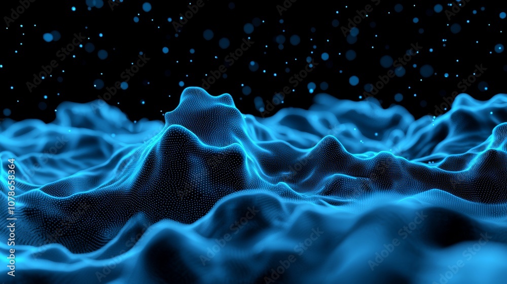 Poster an artificial neural network works in conjunction with digital waves flowing across a blue tech back