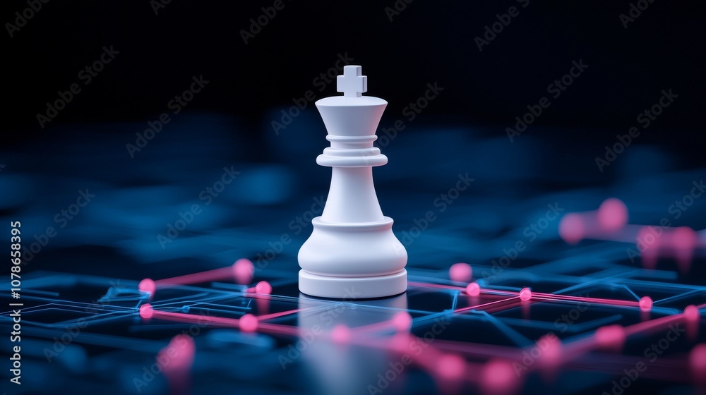 Poster Binary Data computer Number network on blue dark background : Stock image White chess king with blur graphic Binary Data computer Number network on blue dark background