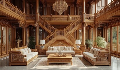 AI generator image of Chinese decoration room, retest Chinese dragon carved wood stairs,Chinesedragon carved solid wood sofa,magnificent architecture, full oflight, Luxurious gold tones