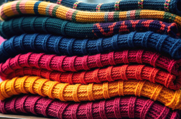 A collection of vibrant, knitted sweaters is displayed in a warm, inviting shop during the fall season