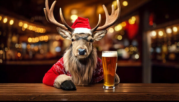 Reindeer in the bar drinking beer image with copy space