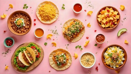 different dishes and sauces on plain background top view