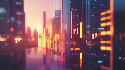 Obraz premium A digital trading platform visualizes cryptocurrency candlestick charts and tickers, highlighting market trends during sunset hours