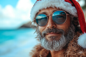 Image of happy man in santa clause hat enjoying christmas vacation in the tropics ai generative