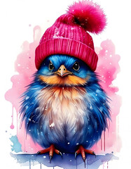 Fototapeta premium A Cute Bird Wearing a Pink Christmas Hat on a White Background